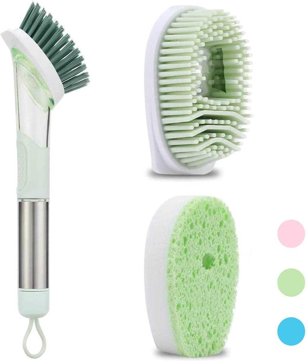 Soap Dispensing Dish Brush, 3-In-1 Kitchen Brush Set Scrub Brush with Hook for Pot Pan Dishes Sink Cleaning DR0190 Green