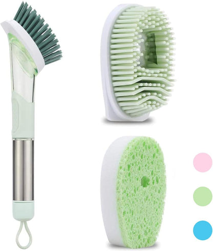 Soap Dispensing Dish Brush, 3-In-1 Kitchen Brush Set Scrub Brush with Hook for Pot Pan Dishes Sink Cleaning DR0190 Green